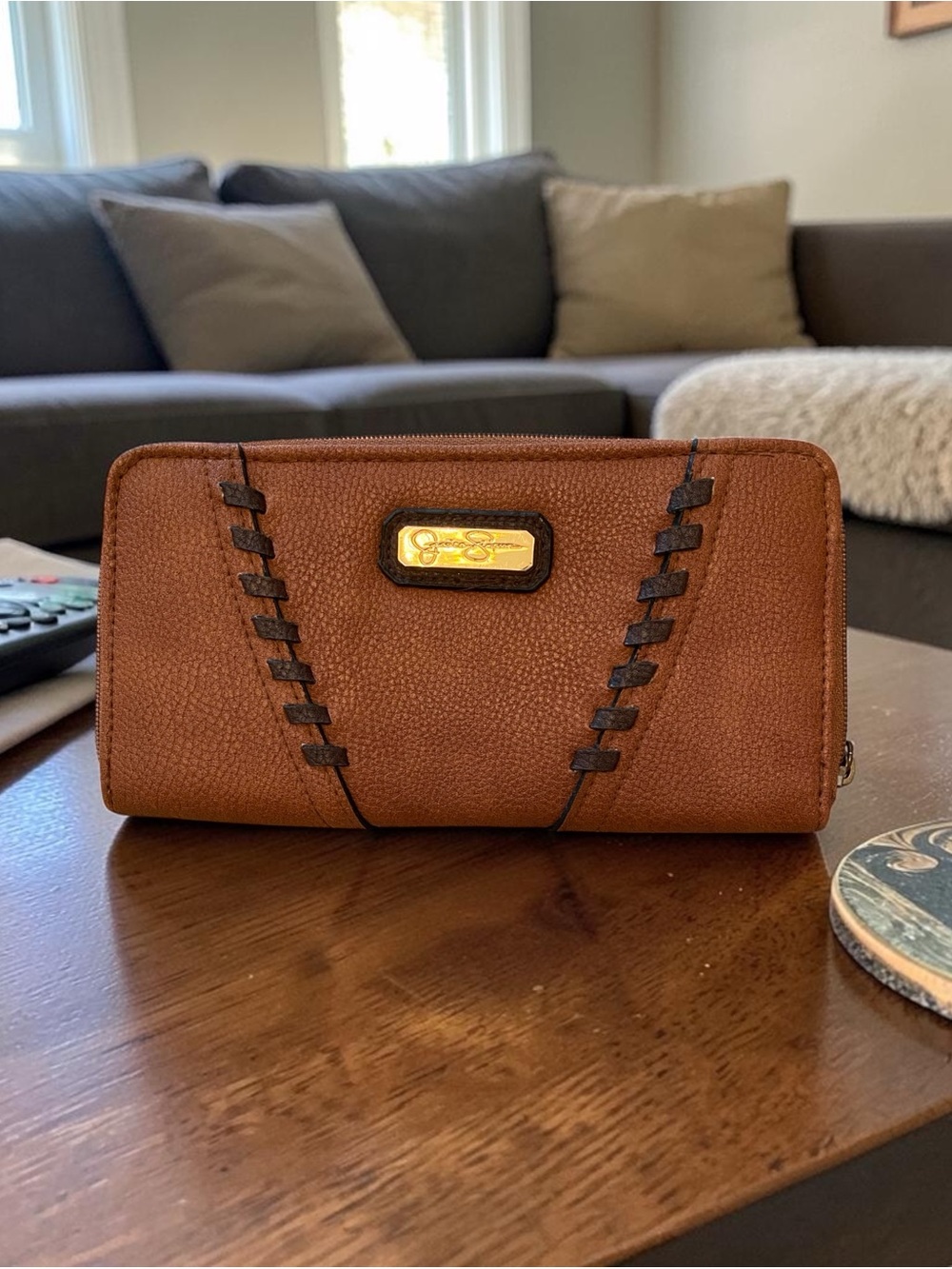 Jessica Simpson Brown Pebbled Leather Wallet with Gold Logo Plaque - Picture 1 of 9
